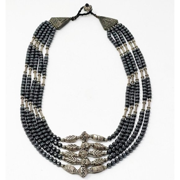 Antiqued Silver Tone Egyptian Revival Multi Strand Beaded Layered Necklace - Picture 2 of 8